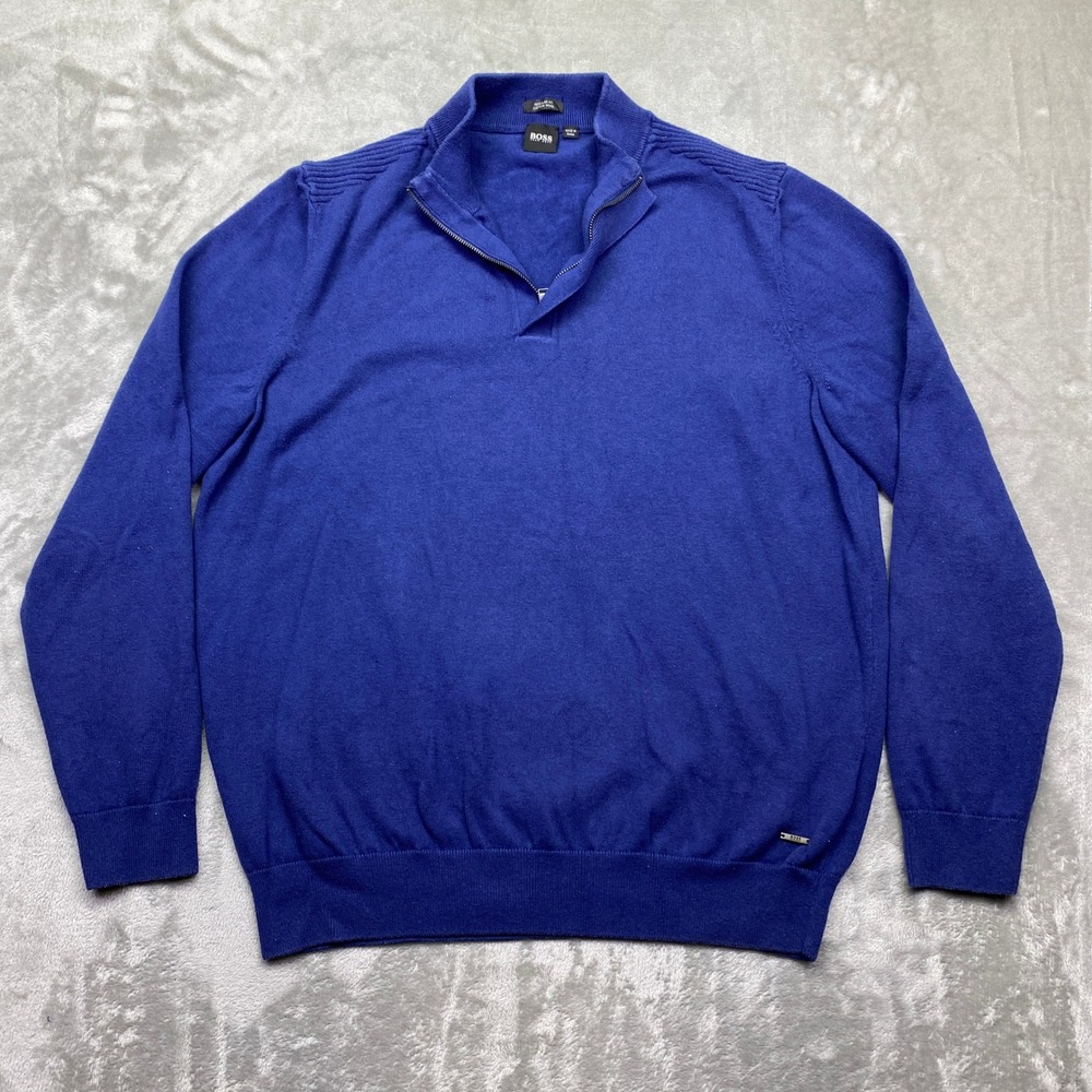 Hugo Boss Mens Quarter‎ Zip Pullover Sweater Royal Blue Cotton Wool Blend Sz XL